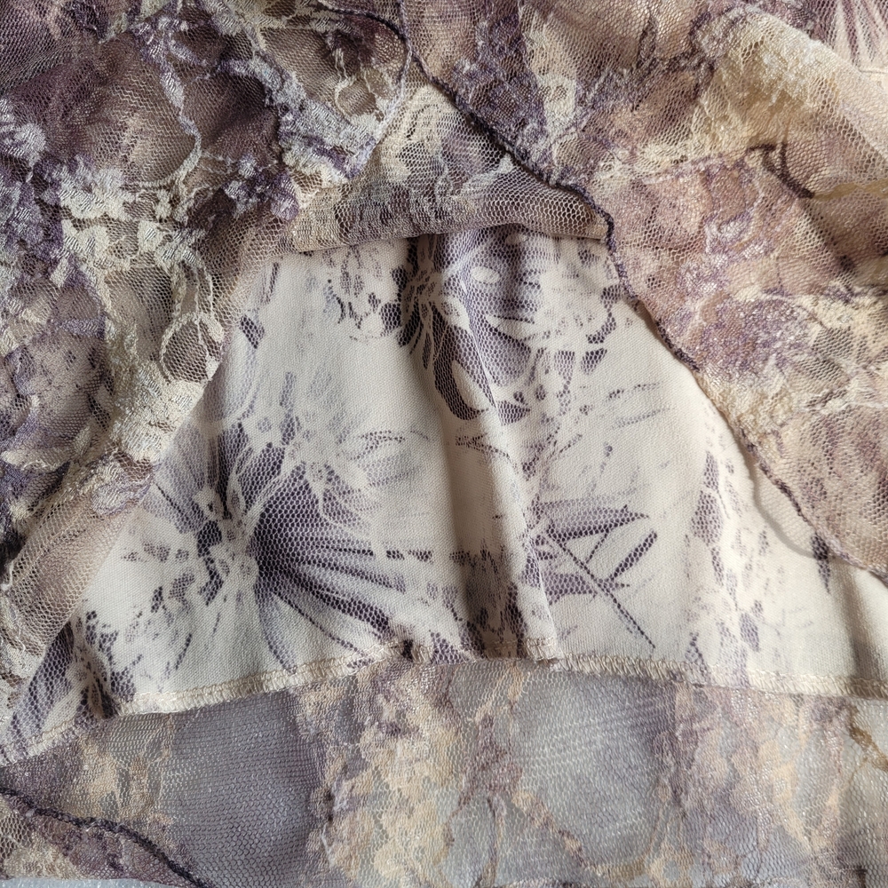 Y2K Fairycore Lace Overlay Botanical Print Blouse Rhinestones Lavender Cream - Picture 11 of 14